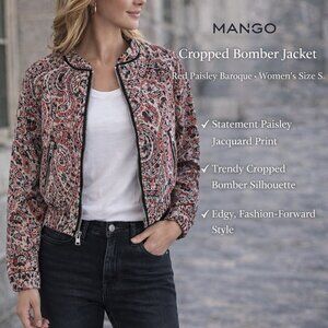 MNG MANGO Bomber Jacket Cropped Red Paisley Baroque Womens SZS Edgy jacquard